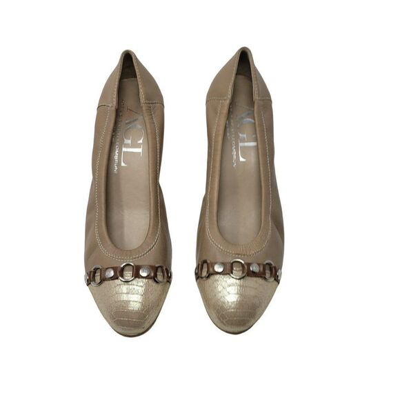 AGL Attilio Giusti Leombruni Leather Embossed Cap Toe Pump Heels 39.5 Tan Italy - Picture 2 of 11